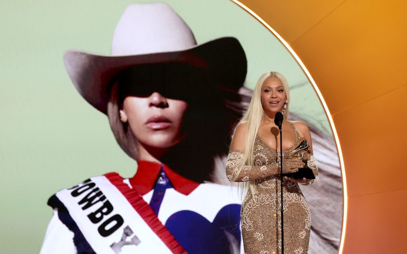LOS ANGELES, CALIFORNIA - FEBRUARY 02: Beyoncé accepts the Best Country Album award for "COWBOY CART...