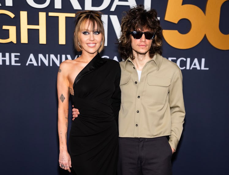NEW YORK, NEW YORK - FEBRUARY 16: Miley Cyrus (L) and Maxx Morando attend the SNL50: The Anniversar...