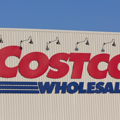 Costco store sign in Warrenton, Oregon in the late afternoon.