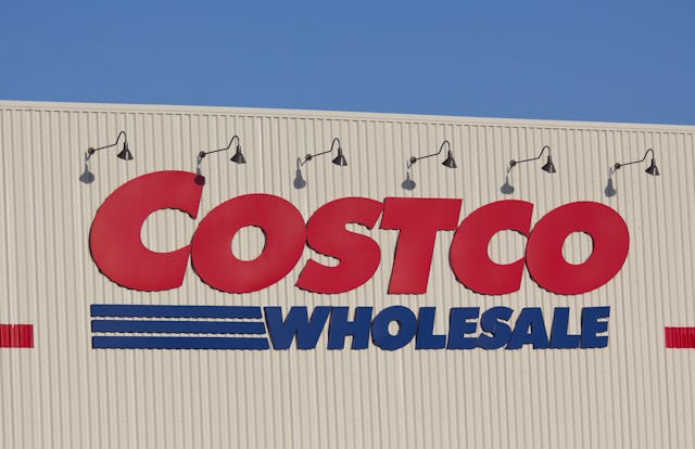 Costco store sign in Warrenton, Oregon in the late afternoon.