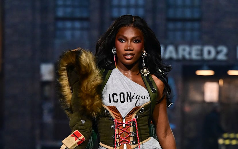 A model presents a creation by Dsquared2 for the Womenswear Ready-to-wear Fall-Winter 2025/2026 coll...