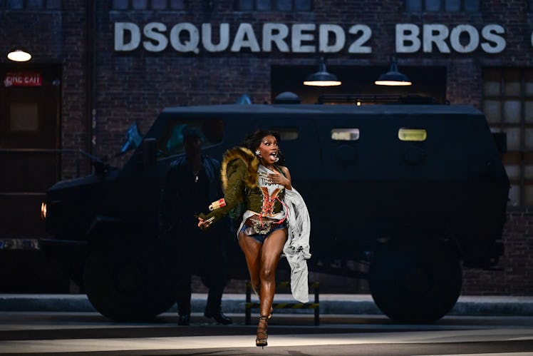 A model presents a creation by Dsquared2 for the Womenswear Ready-to-wear Fall-Winter 2025/2026 coll...