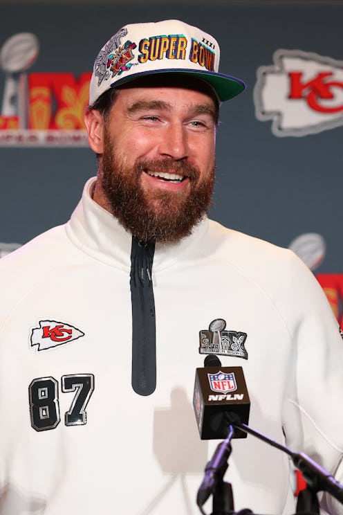 NEW ORLEANS, LOUISIANA - FEBRUARY 06: Travis Kelce #87 of the Kansas City Chiefs talks during media …