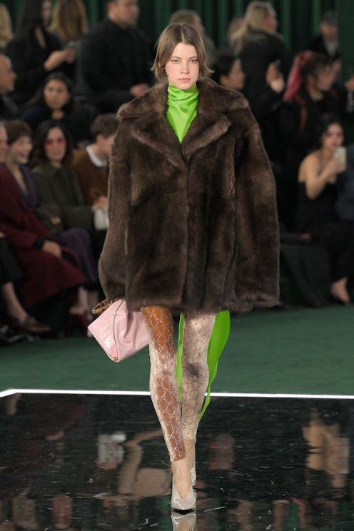 Model on the runway at the Gucci Fall RTW 2025 fashion show as part of Milan Fashion Week held at th...