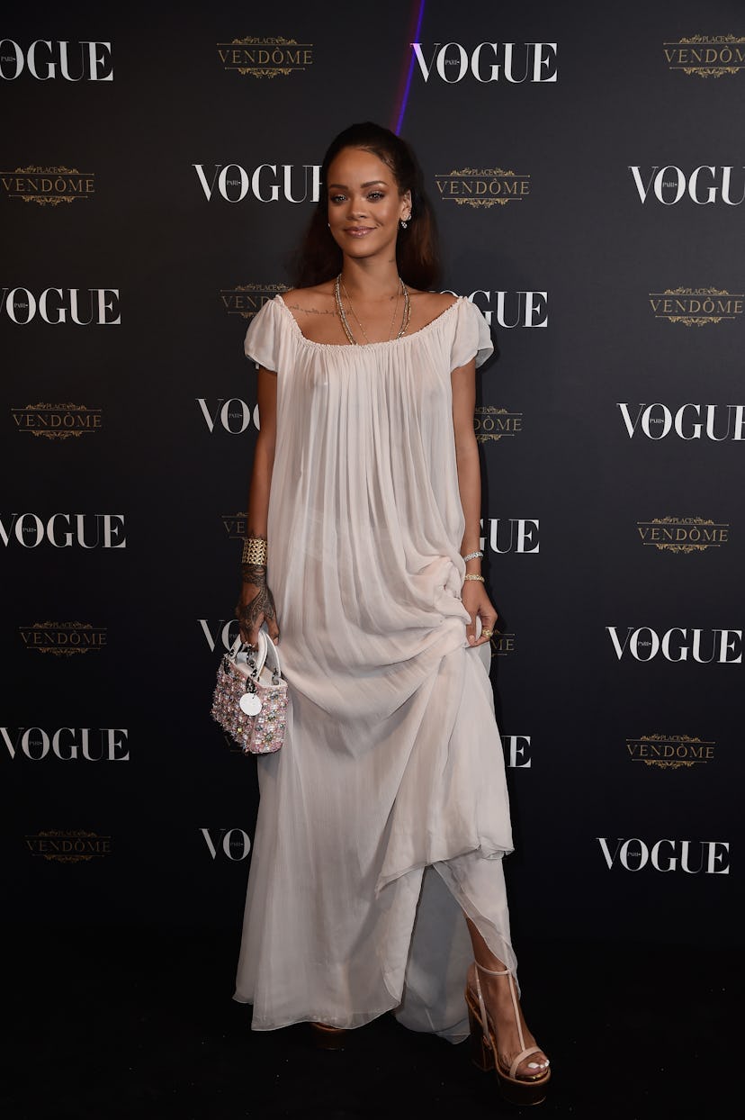 Rihanna freeing the nip at Vogue’s 95th Anniversary Party on October 3, 2015 in Paris, France.
