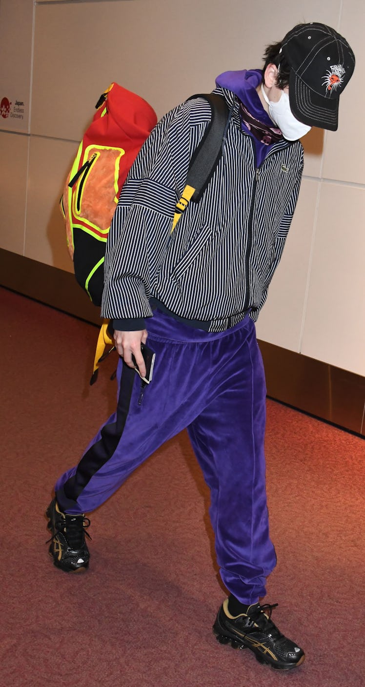 TOKYO, JAPAN - FEBRUARY 02: Actor Timothee Chalamet is seen upon arrival at Haneda Airport on Februa...