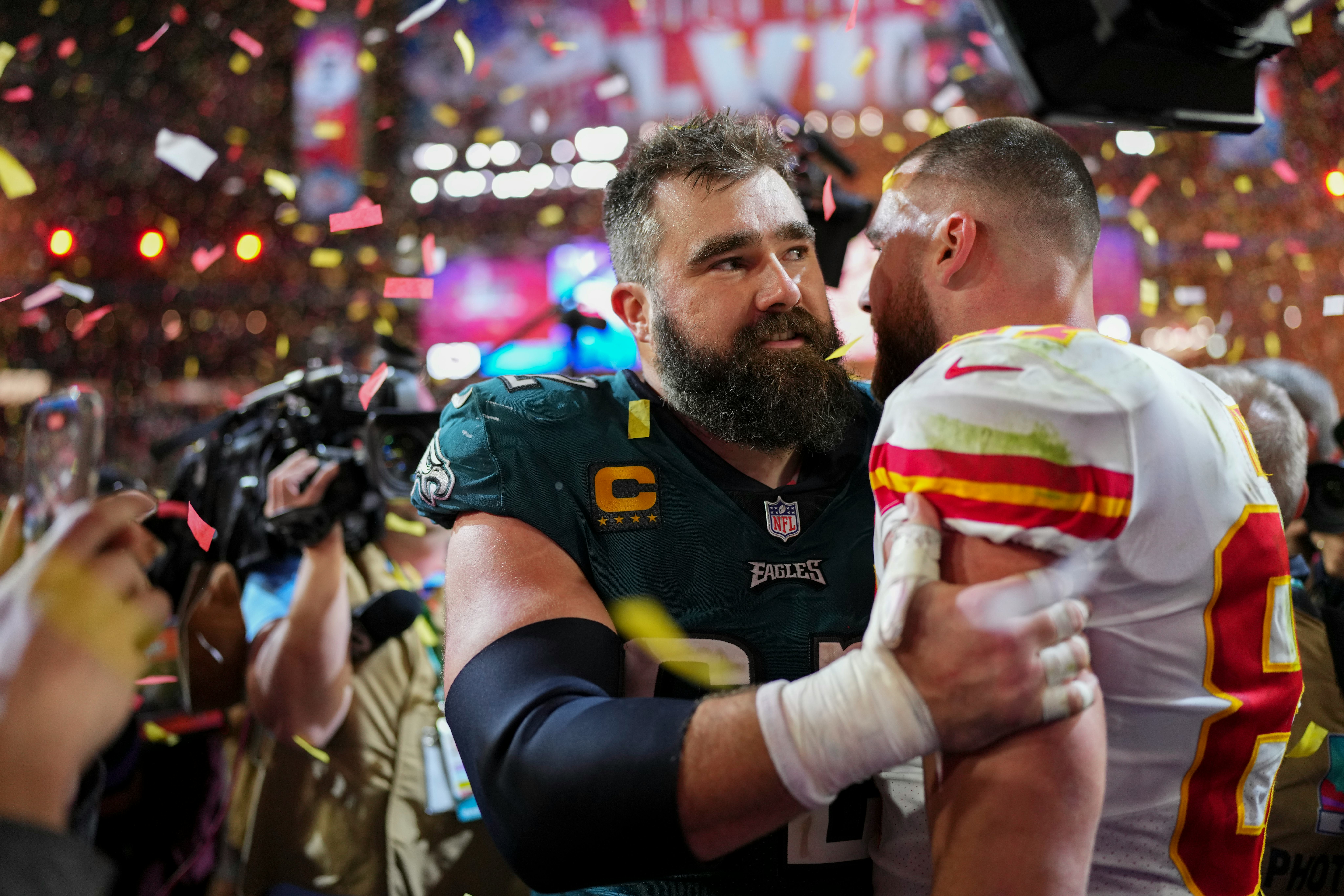 GLENDALE, AZ - FEBRUARY 12: Jason Kelce #62 of the Philadelphia Eagles speaks with Travis Kelce #87 &hellip;