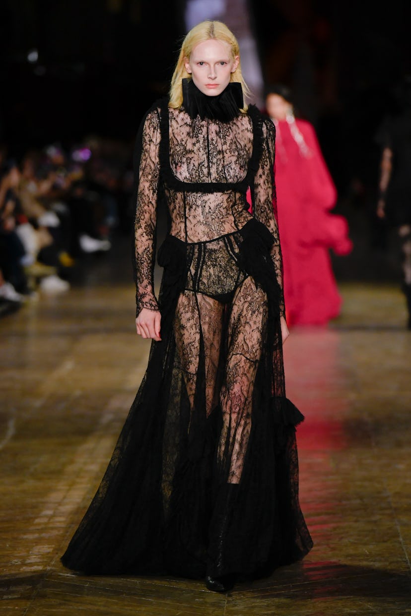 Model on the runway at the Alexander McQueen Fall RTW 2025 fashion show as part of Paris Fashion Wee…