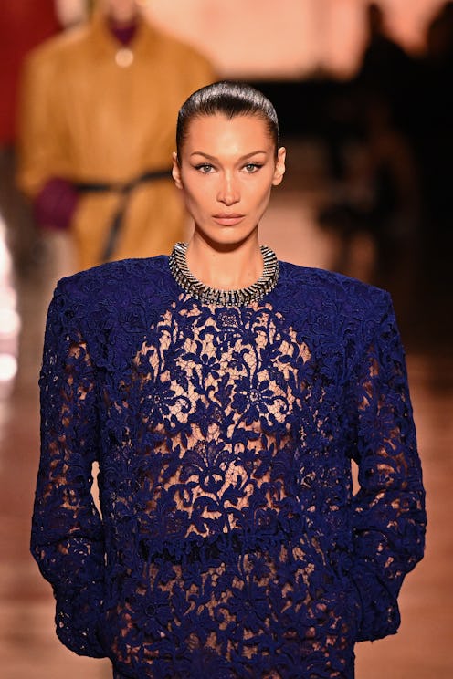 Bella Hadid freed the nipple on the runway during the Saint Laurent Womenswear Fall/Winter 2025-2026...
