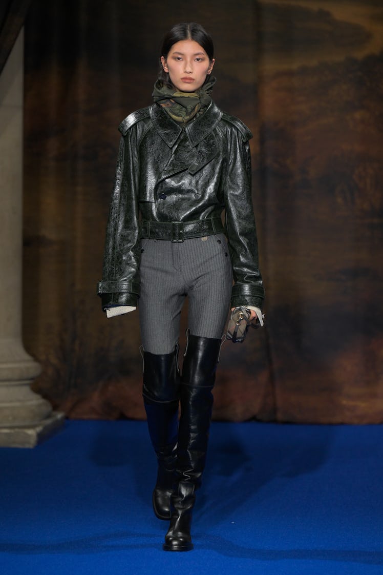 Model on the runway at the Burberry Fall RTW 2025 fashion show as part of London Fashion Week on Feb...