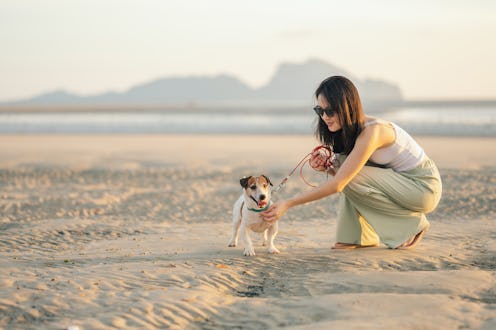 Woman playing with her dog on a beach