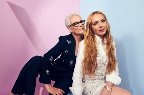 ANAHEIM, CALIFORNIA - AUGUST 09: (L-R) Jamie Lee Curtis and Lindsay Lohan of "Freaky Friday 2" pose ...