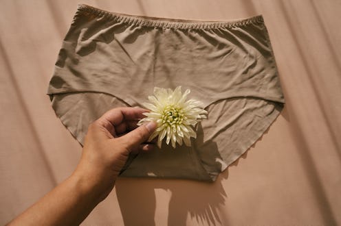 Female hand holding a white dahlia flower against panties as a symbol of female health and body