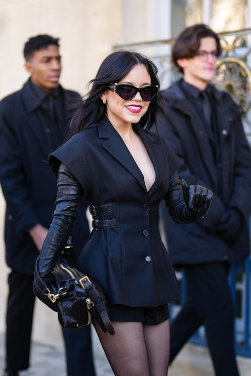 PARIS, FRANCE - JANUARY 27: Jenna Ortega wears black sunglasses, black tailored blazer sleeveless bl...
