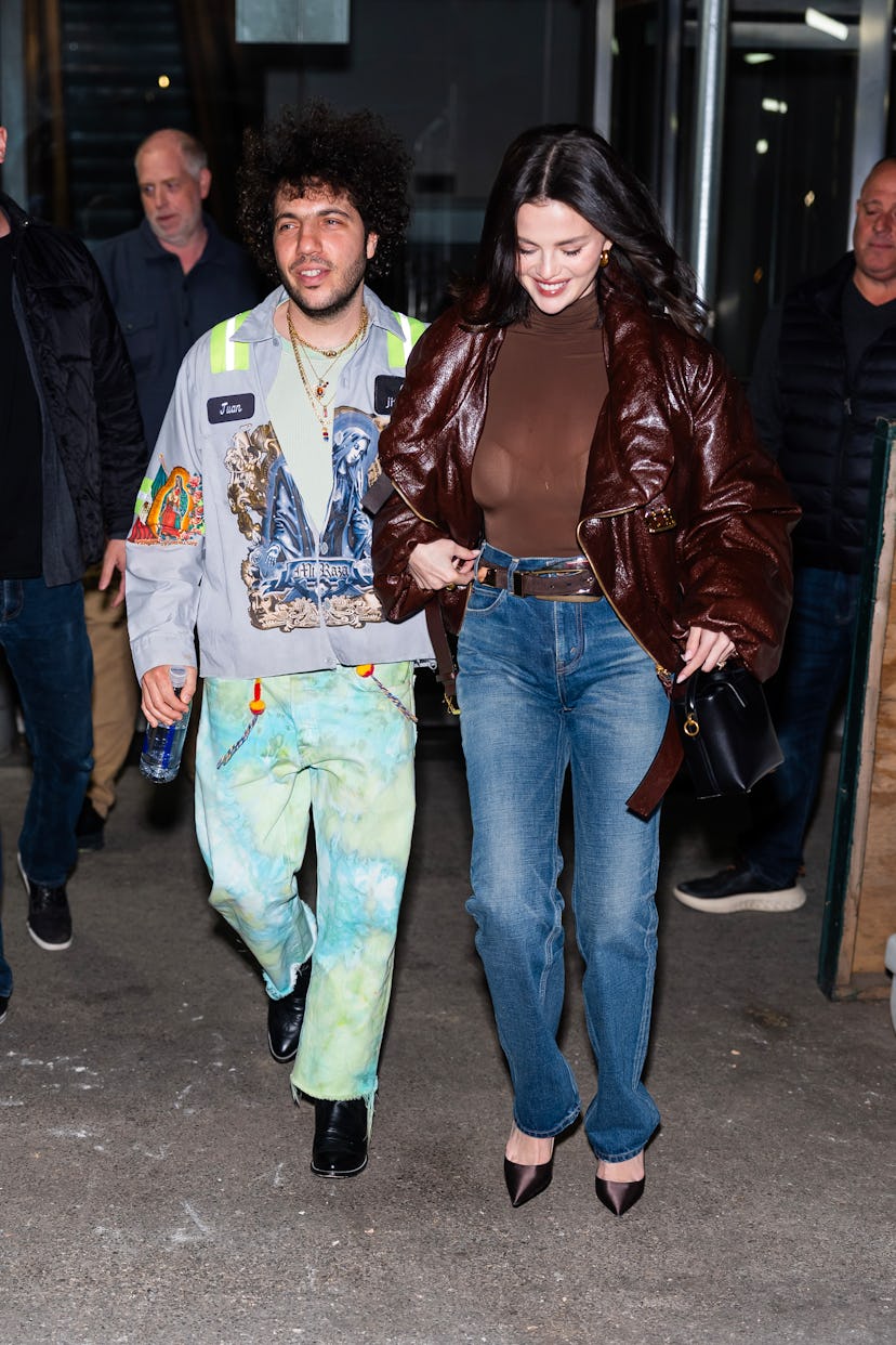 Benny Blanco (L) and Selena Gomez are seen in the Upper West Side on March 19, 2025 in New York City...