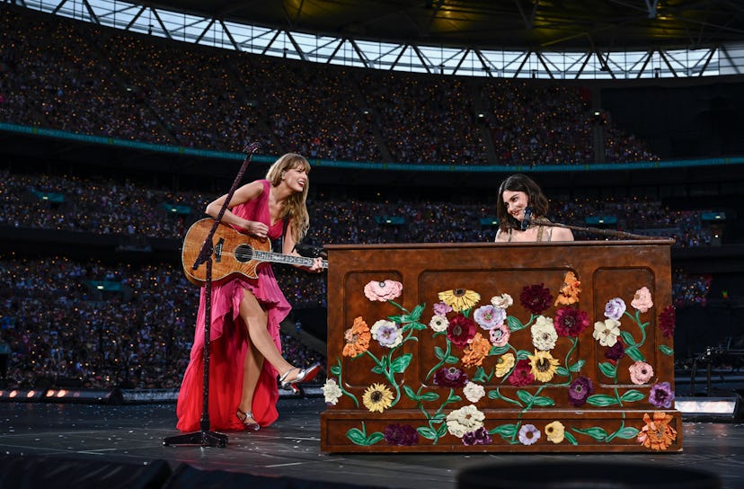 Taylor Swift and Gracie Abrams perform on stage at The Eras Tour