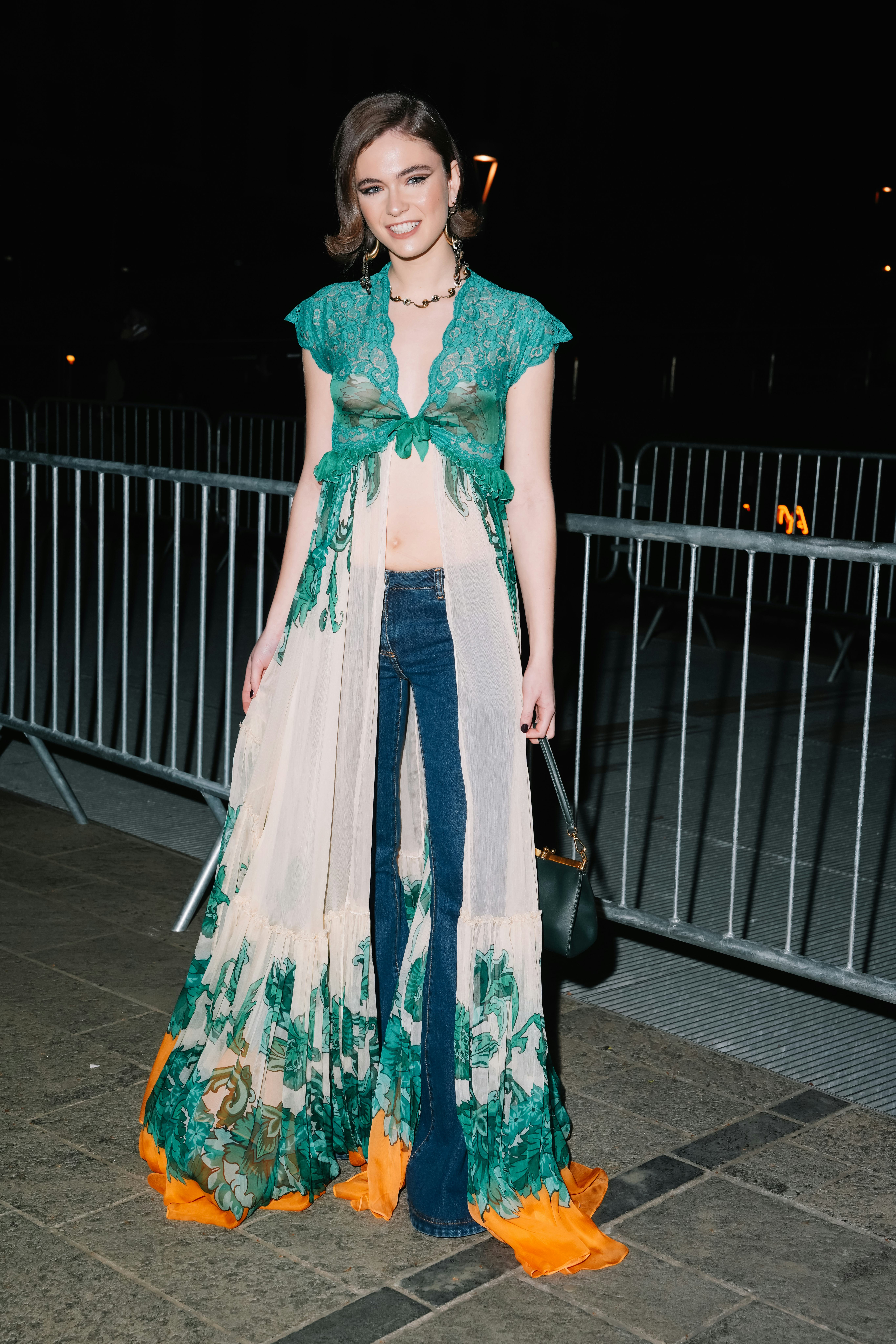 Caterina Ferioli is seen wearing an Etro dress, high-waisted blue jeans outside the Etro show during&hellip;