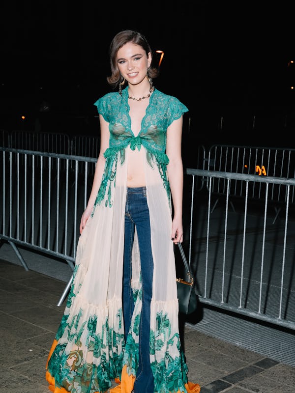 Caterina Ferioli is seen wearing an Etro dress, high-waisted blue jeans outside the Etro show during…