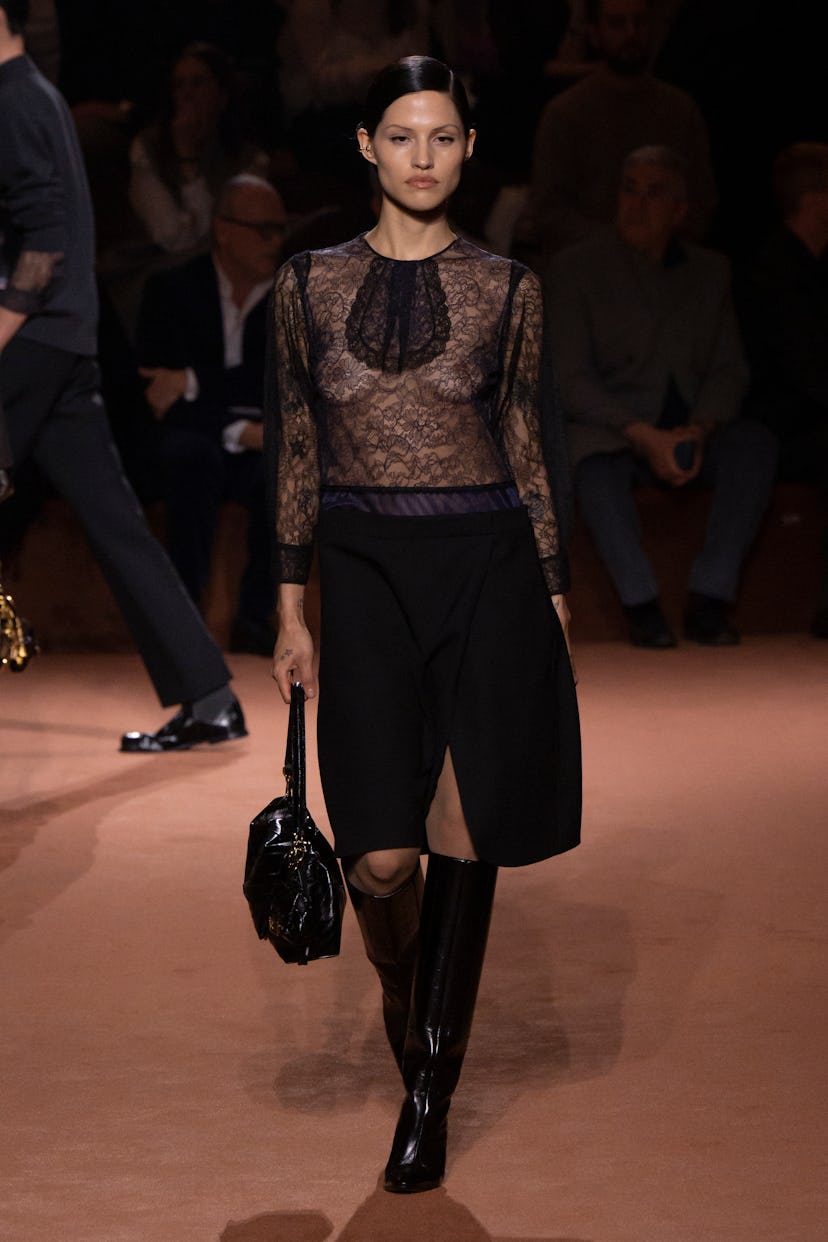 Model on the runway at the Fendi Fall RTW 2025 fashion show as part of Milan Fashion Week on Februar…