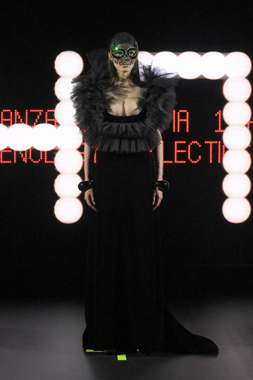 Model on the runway at the Valentino Haute Couture Spring/Summer 2025 fashion show as part of Paris …