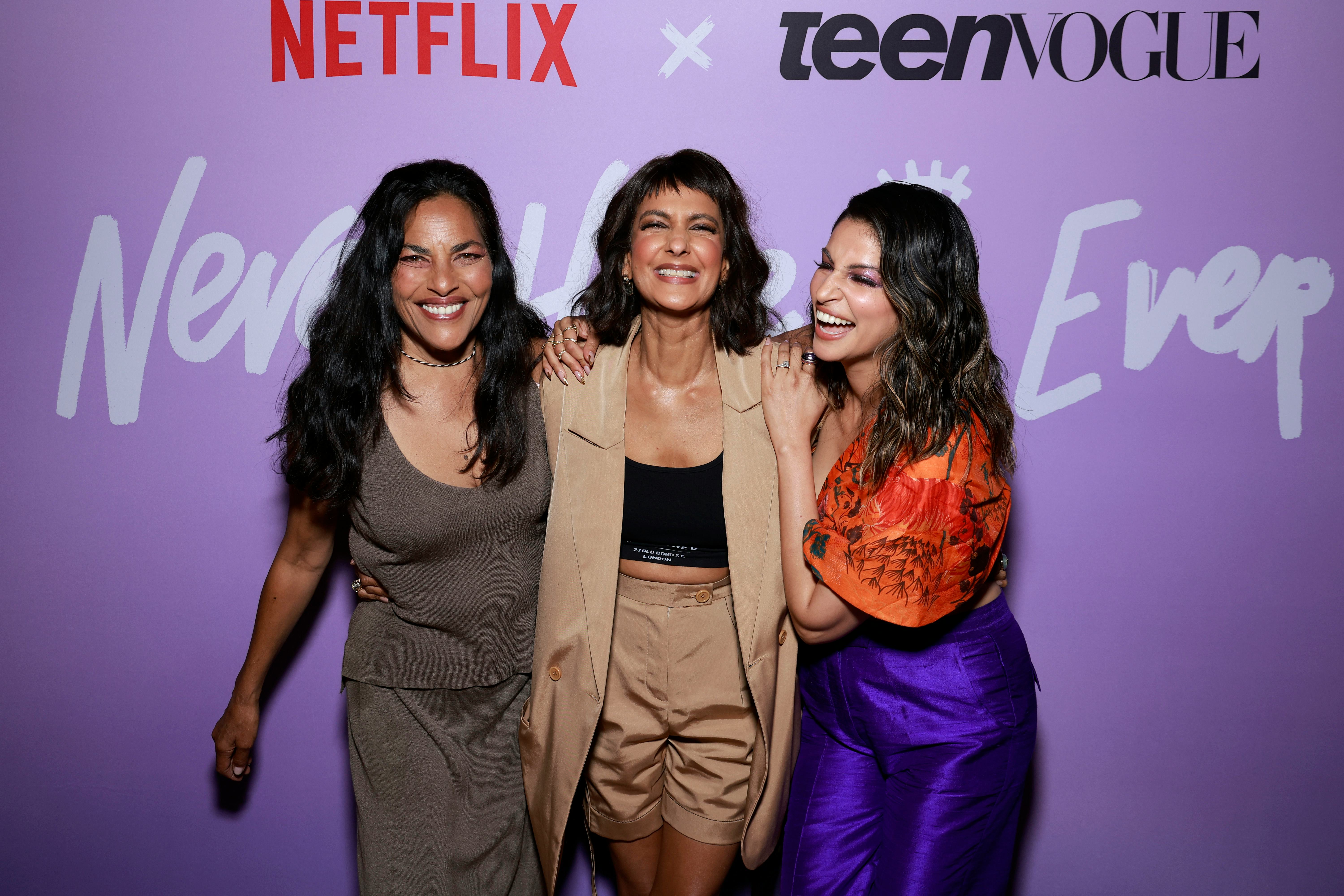 Sarita Choudhury, Poorna Jagannathan, and Richa Moorjani a &lsquo;Never Have I Ever&rsquo; event.