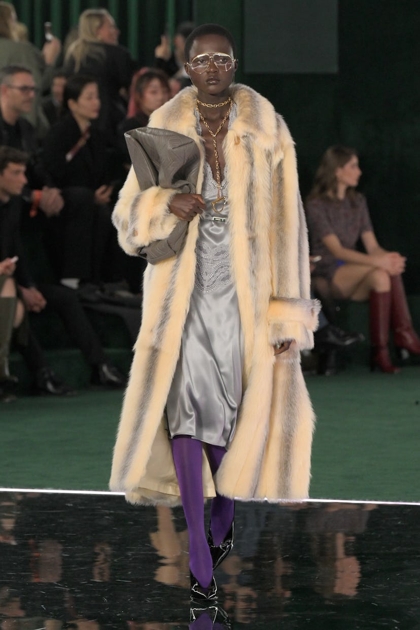 Model on the runway at the Gucci Fall RTW 2025 fashion show as part of Milan Fashion Week held at th...