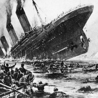 A drawing of the loss of SS Titanic, 14 April 1912. People in lifeboats look on as the ship sinks.