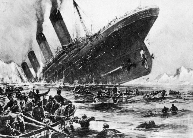 A drawing of the loss of SS Titanic, 14 April 1912. People in lifeboats look on as the ship sinks.