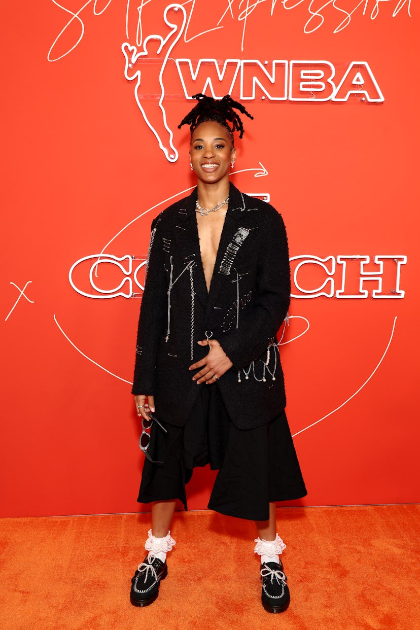 Aziaha James arrives prior to the 2025 WNBA Draft.