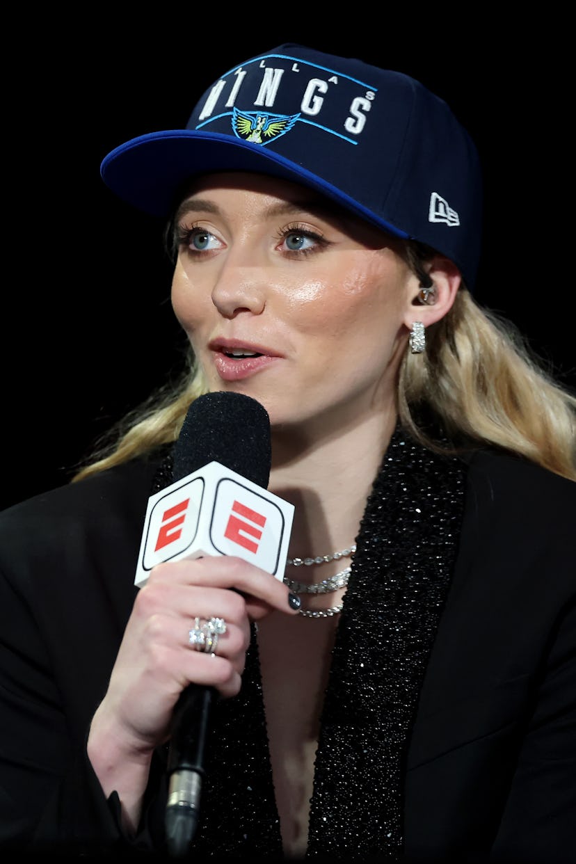 Paige Bueckers is interviewed after being selected first overall by the Dallas Wings during the 2025…