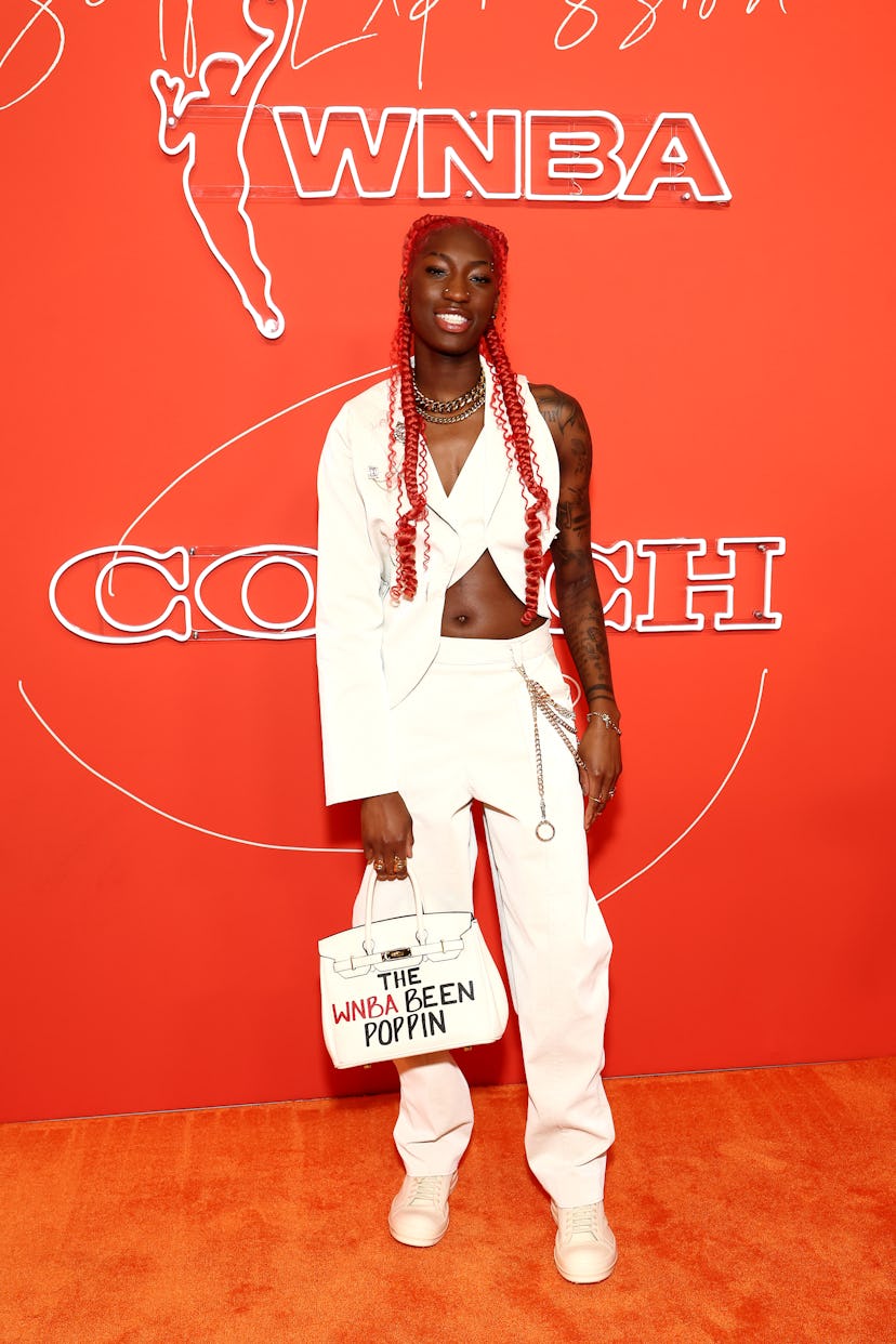 Saniya Rivers arrives prior to the 2025 WNBA Draft at The Shed on April 14, 2025 in New York City.