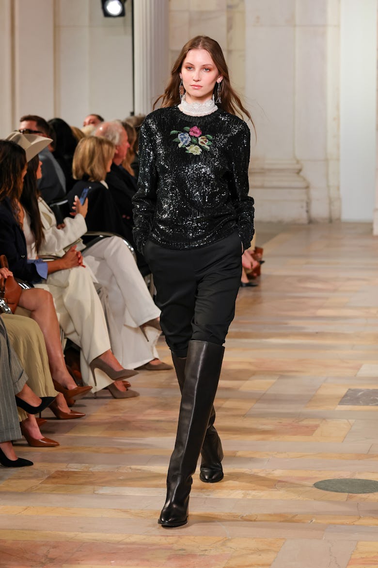 NEW YORK, NEW YORK - APRIL 17: A model walks the runway for the Ralph Lauren Collection Fall 2025 on...