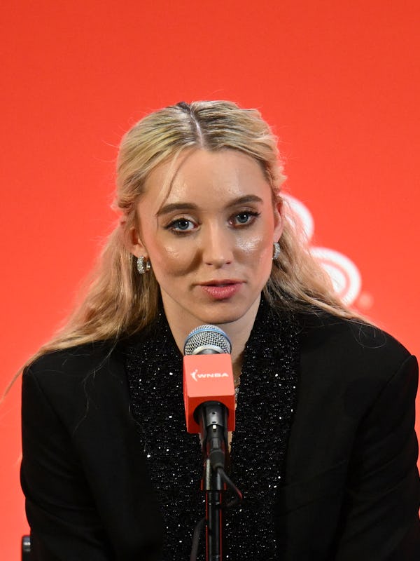 Paige Bueckers speaks to the press during the 2025 WNBA Draft at the Shed in New York City on April …