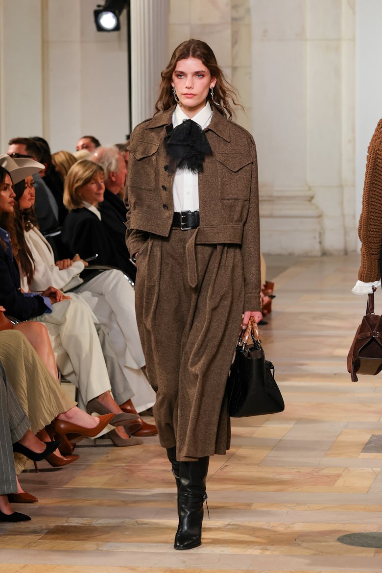 NEW YORK, NEW YORK - APRIL 17: A model walks the runway for the Ralph Lauren Collection Fall 2025 on...