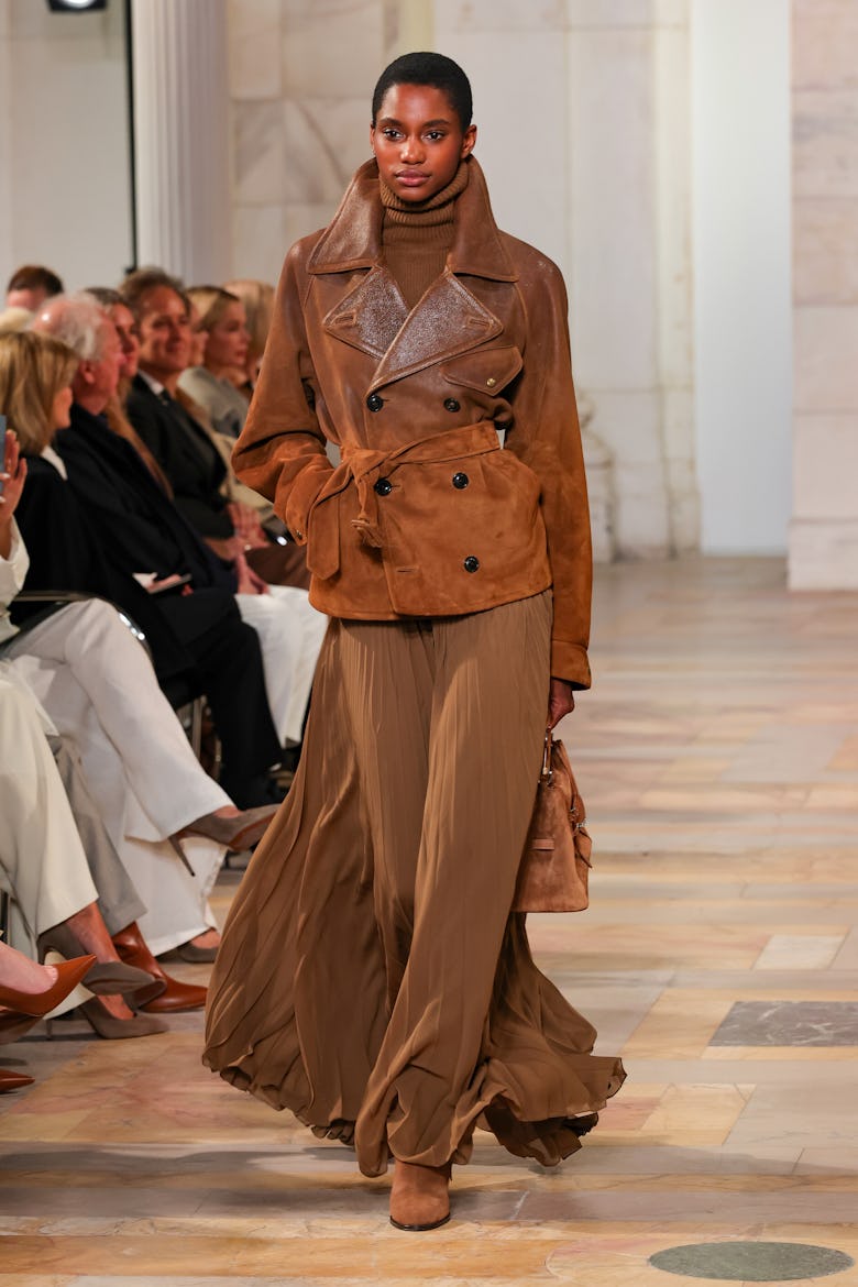 NEW YORK, NEW YORK - APRIL 17: A model walks the runway for the Ralph Lauren Collection Fall 2025 on...