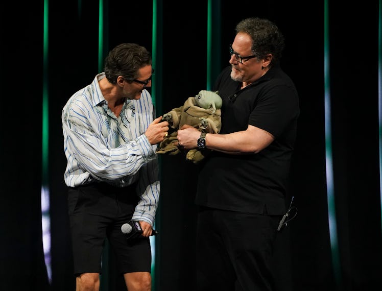 TOKYO, JAPAN - APRIL 18: Pedro Pascal and Jon Favreau are seen on The Mandalorian & Grogu at Celebra...