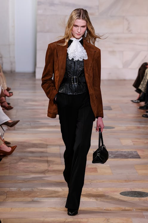 A model at the Ralph Lauren Fall RTW 2025 fashion show held at the Jack Shainman Gallery on April 17...