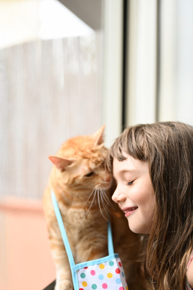 girl playing with cat