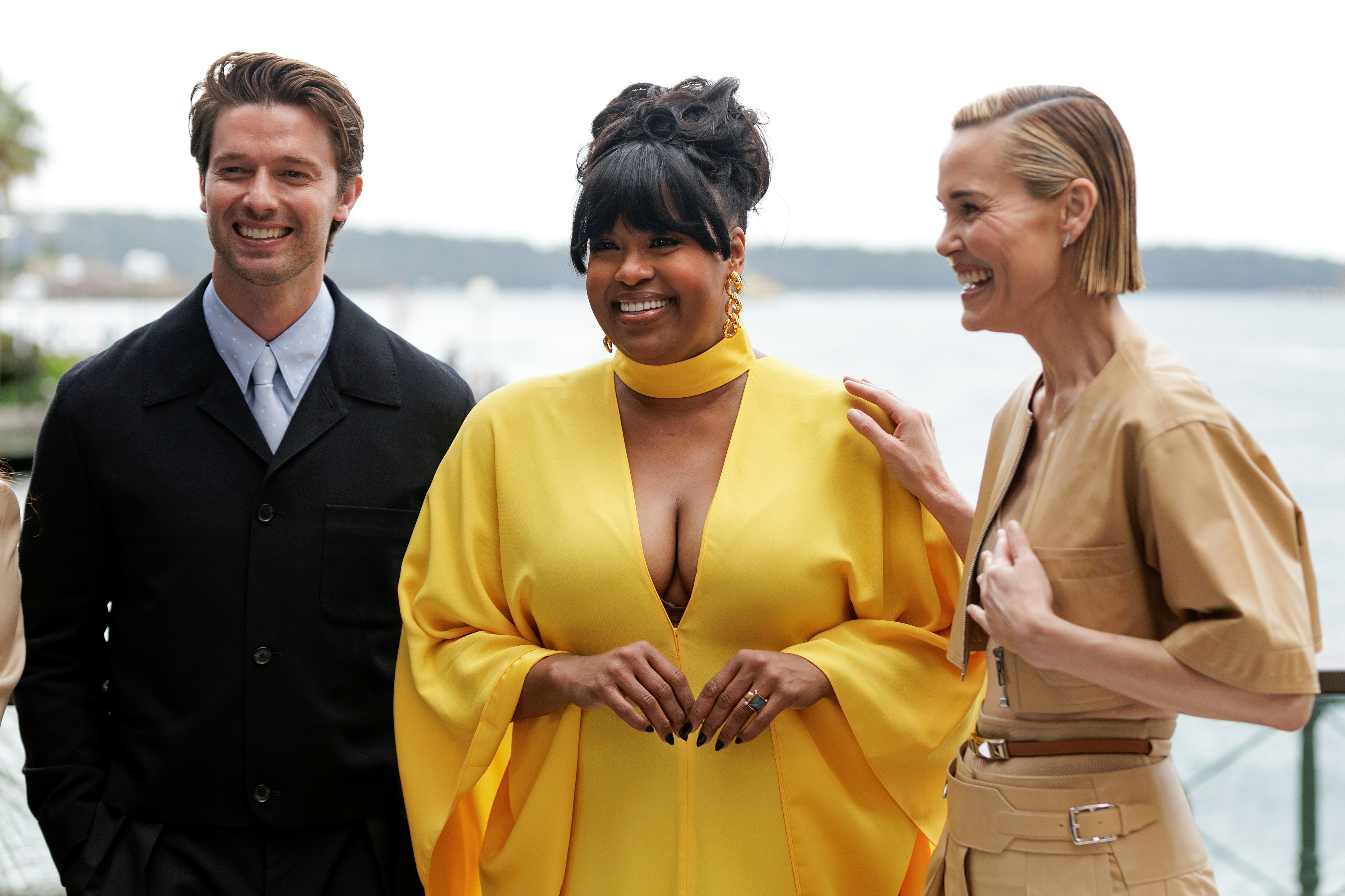 The White Lotus season 3 cast members Patrick Schwarzenegger, Natasha Rothwell, and Leslie Bibb