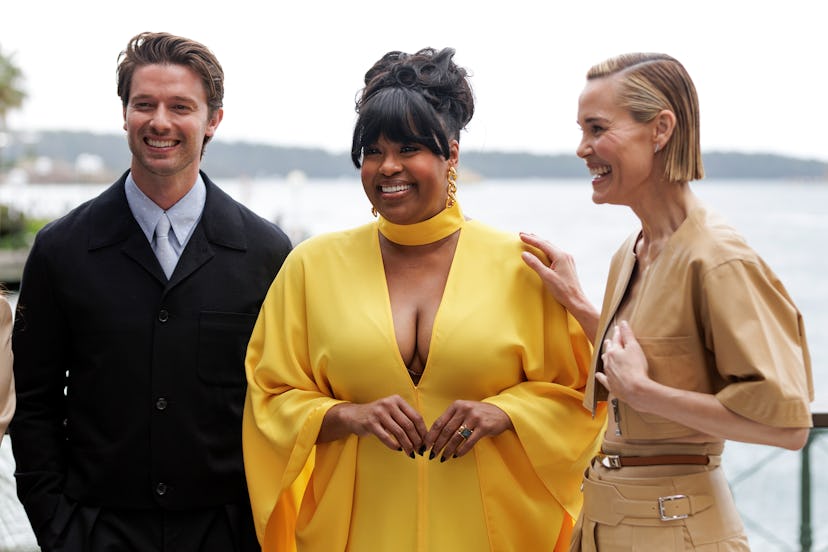 The White Lotus season 3 cast members Patrick Schwarzenegger, Natasha Rothwell, and Leslie Bibb