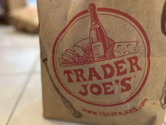 Close-up of a Trader Joe's grocery bag, showcasing the store's logo, in Reliez Valley, California, M...