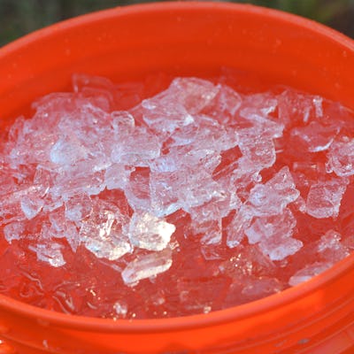A detail photo of a bucket with ice water in it. At the Shanesville Fruit Farm in Earl Township Wednesday evening 8/19/2015 where a group was participating in the ALS Ice Bucket Challenge. Photo by Ben Hasty (Photo by Ben Hasty/MediaNews Group/Reading Eagle via Getty Images)