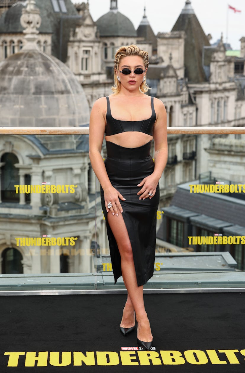 Florence Pugh attends the UK photocall for Marvel Studios' ‘Thunderbolts*’ at The Corinthia Hotel on…