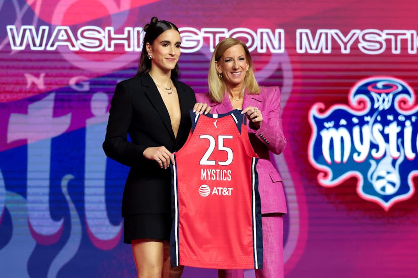 NEW YORK, NEW YORK - APRIL 14: (L-R) Sonia Citron poses for a photo with WNBA Commissioner Cathy Eng…