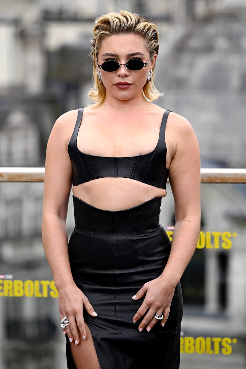 LONDON, ENGLAND - APRIL 24: Florence Pugh attends the "Thunderbolts*" Photocall at the Corinthia Hot...