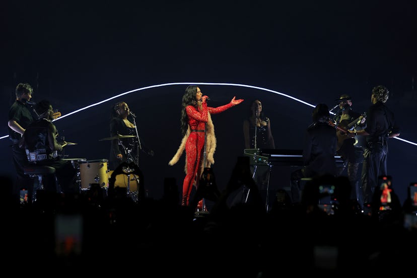 Dua Lipa performs on stage in Madrid, Spain during her Radical Optimism Tour.