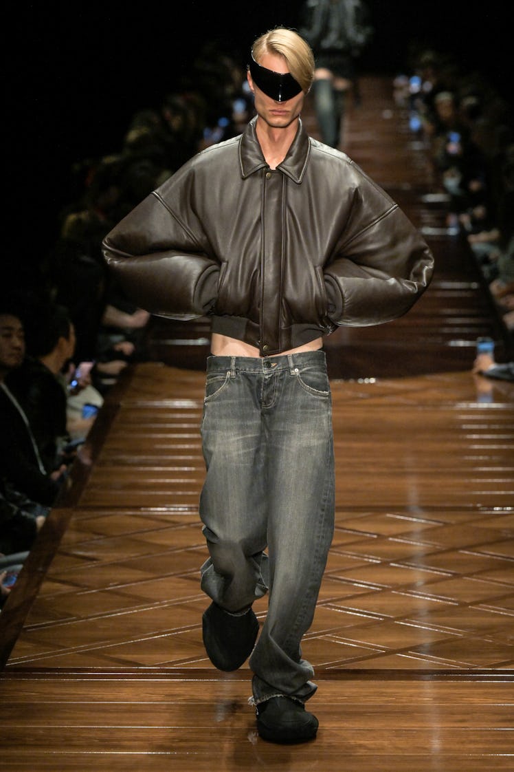 Model on the runway at Balenciaga RTW Spring 2025 as part of Paris Ready to Wear Fashion Week on Sep...