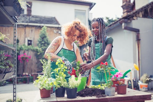 Two women are engaged in gardening, surrounded by various plants, flower pots, and gardening tools o...
