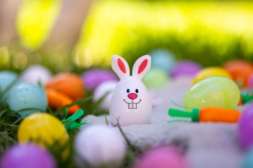 Close-up of an Easter bunny-shaped egg at the backyard