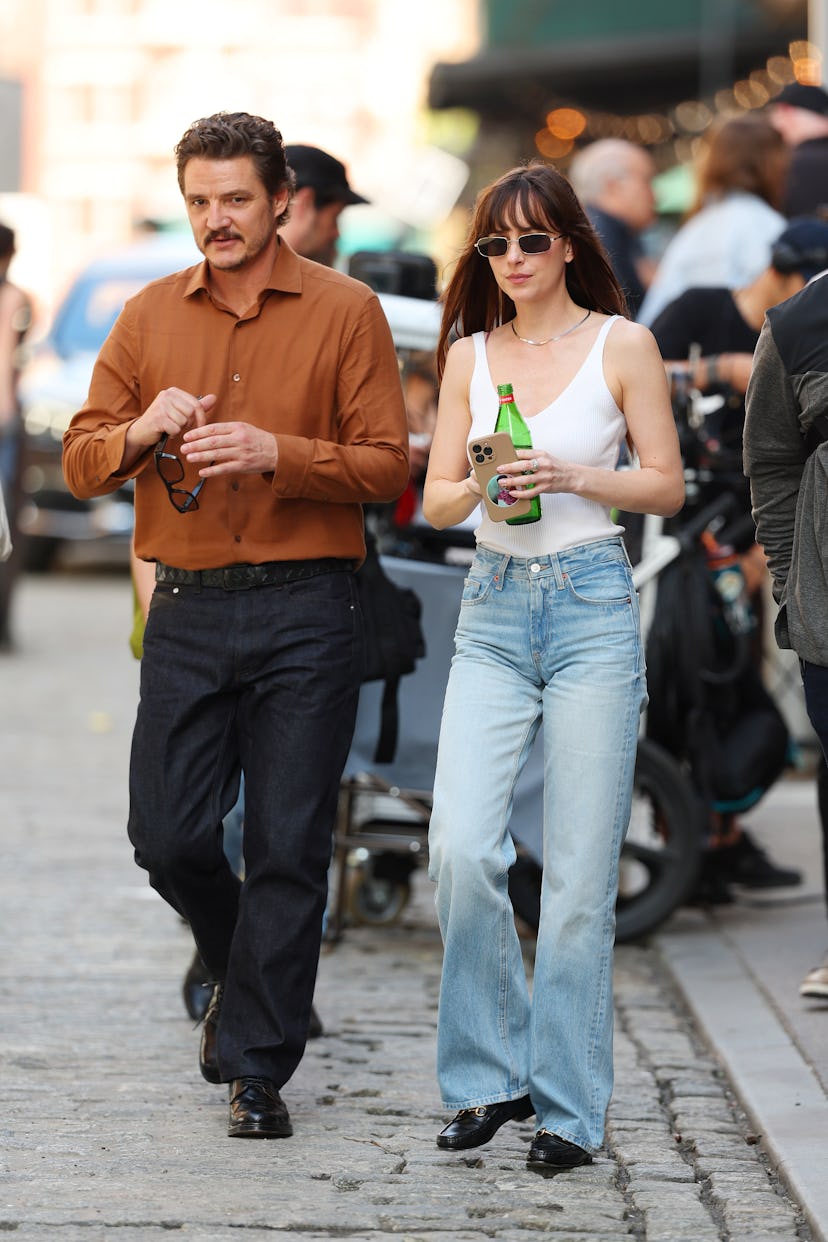 NEW YORK, NY - MAY 8: Dakota Johnson is seen on the set of 'Materialists' on May 8, 2024 in New York...